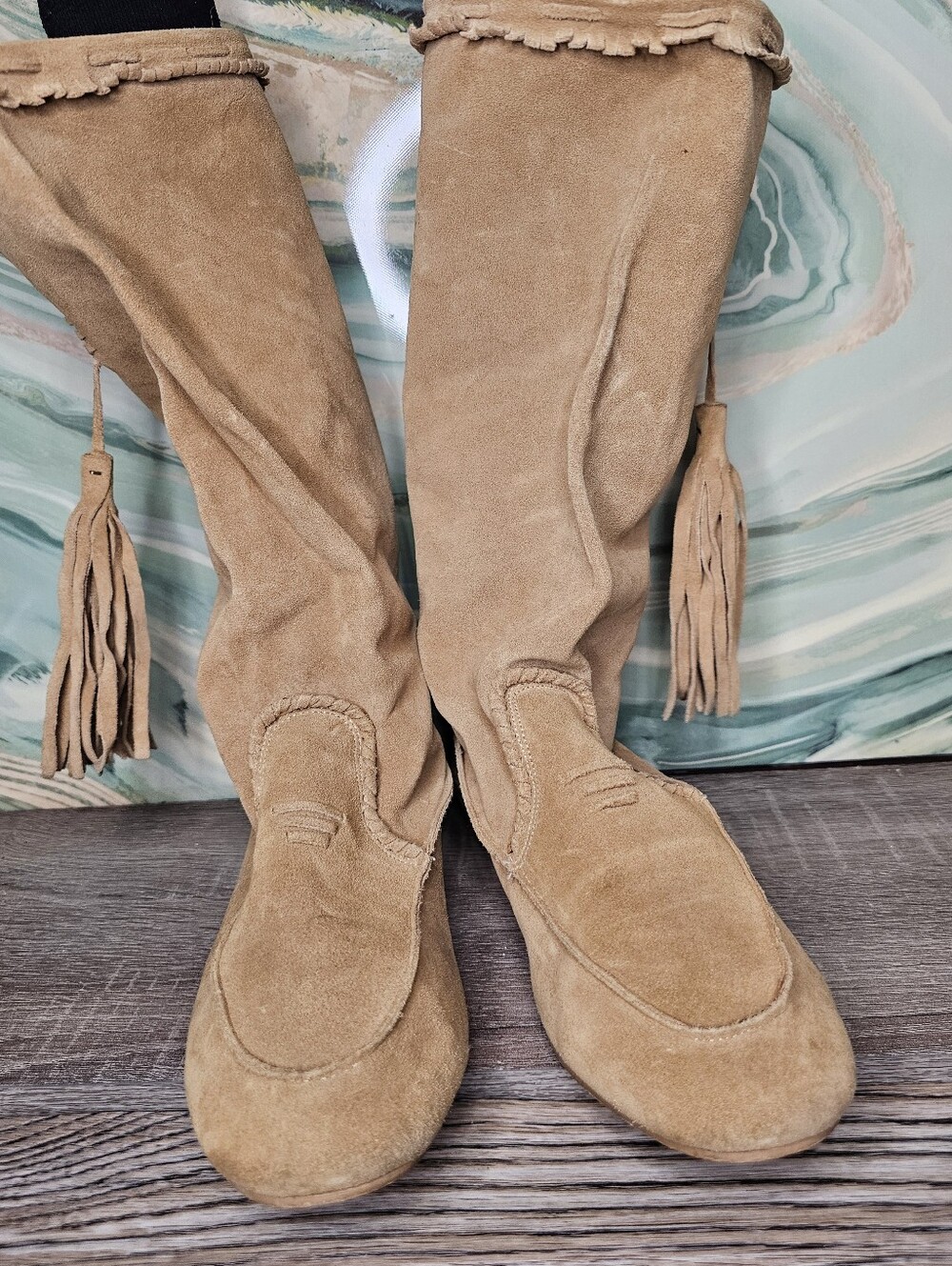 Slouchy Moccassin Western Suede Tassel Knee-High Boots sz